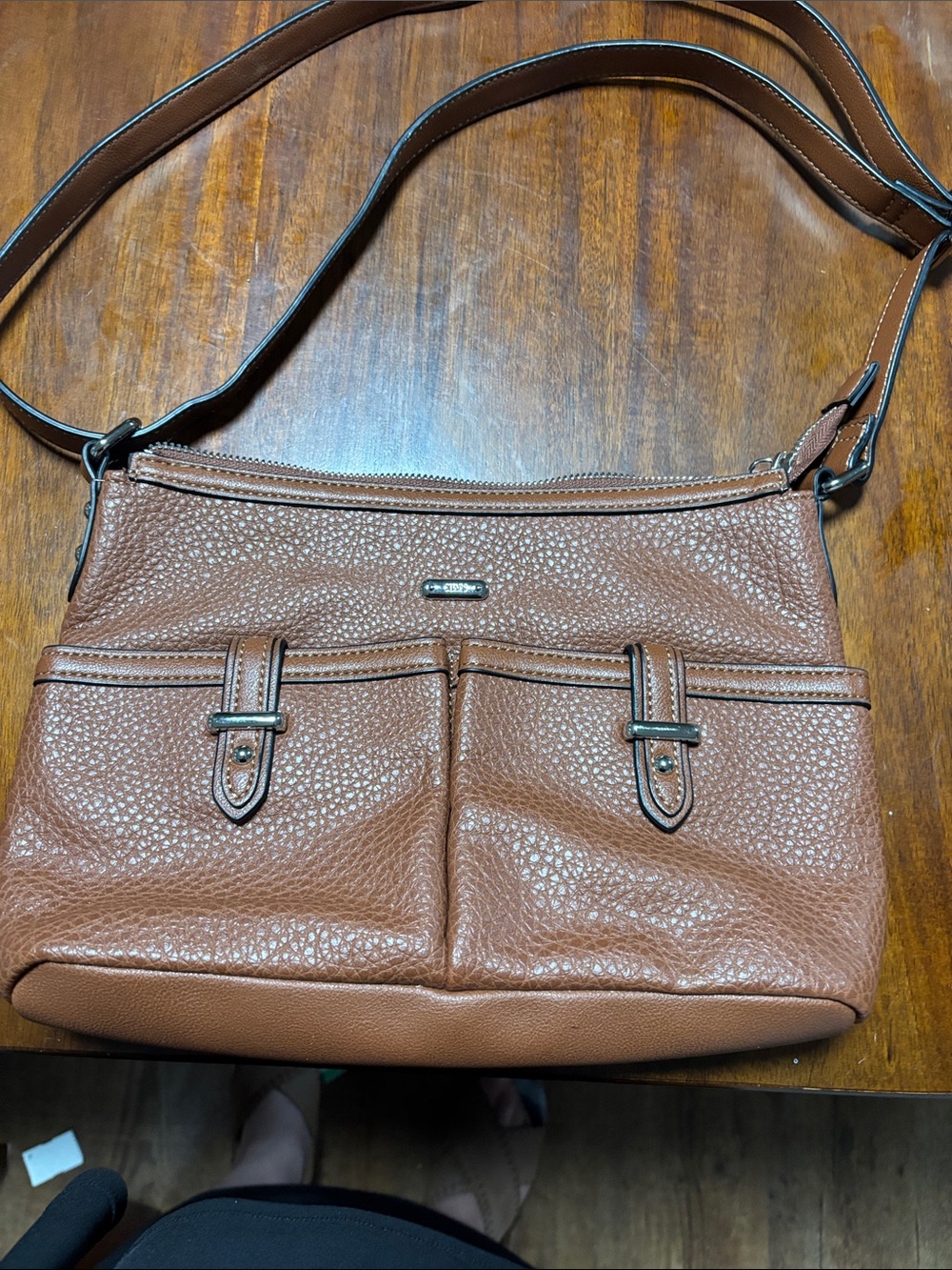 Chaps Brown faux Pebbled Leather Crossbody with Front Pockets